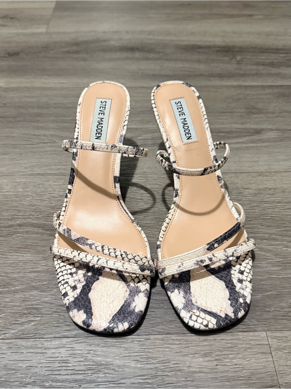 Steve Madden Beige and Black Snake-Print Strappy Sandals